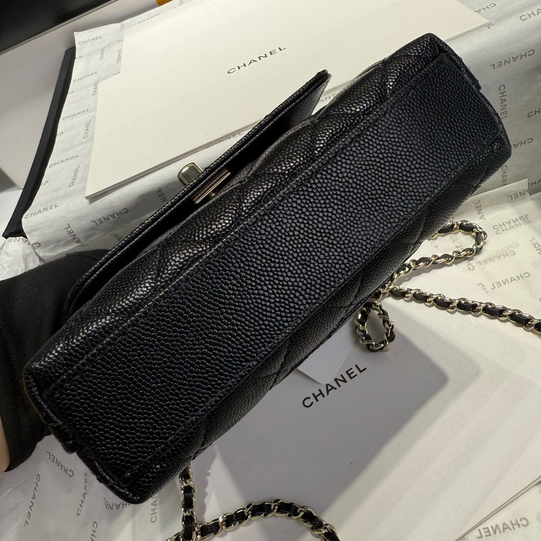 MINI FLAP BAG 14 IN BLACK GRAINED CALFSKIN GOLD HARDWARE