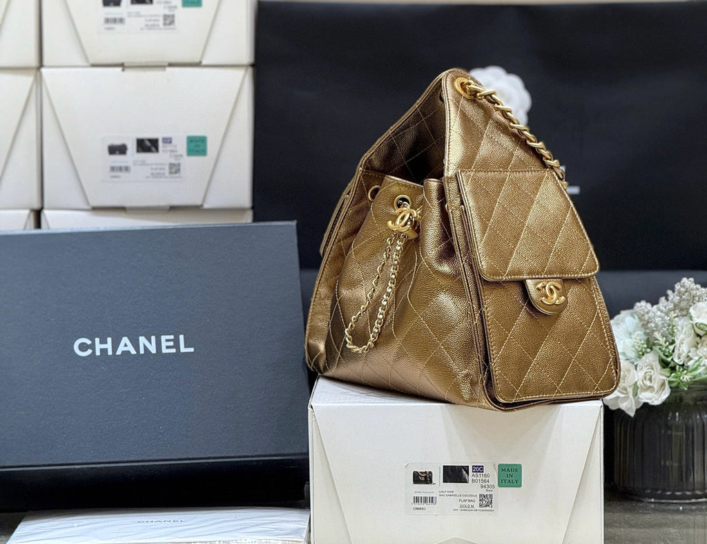 シャネル 25 ミディアム ハンドバッグ ゴールデンブラウン カーフスキン ゴールド金具