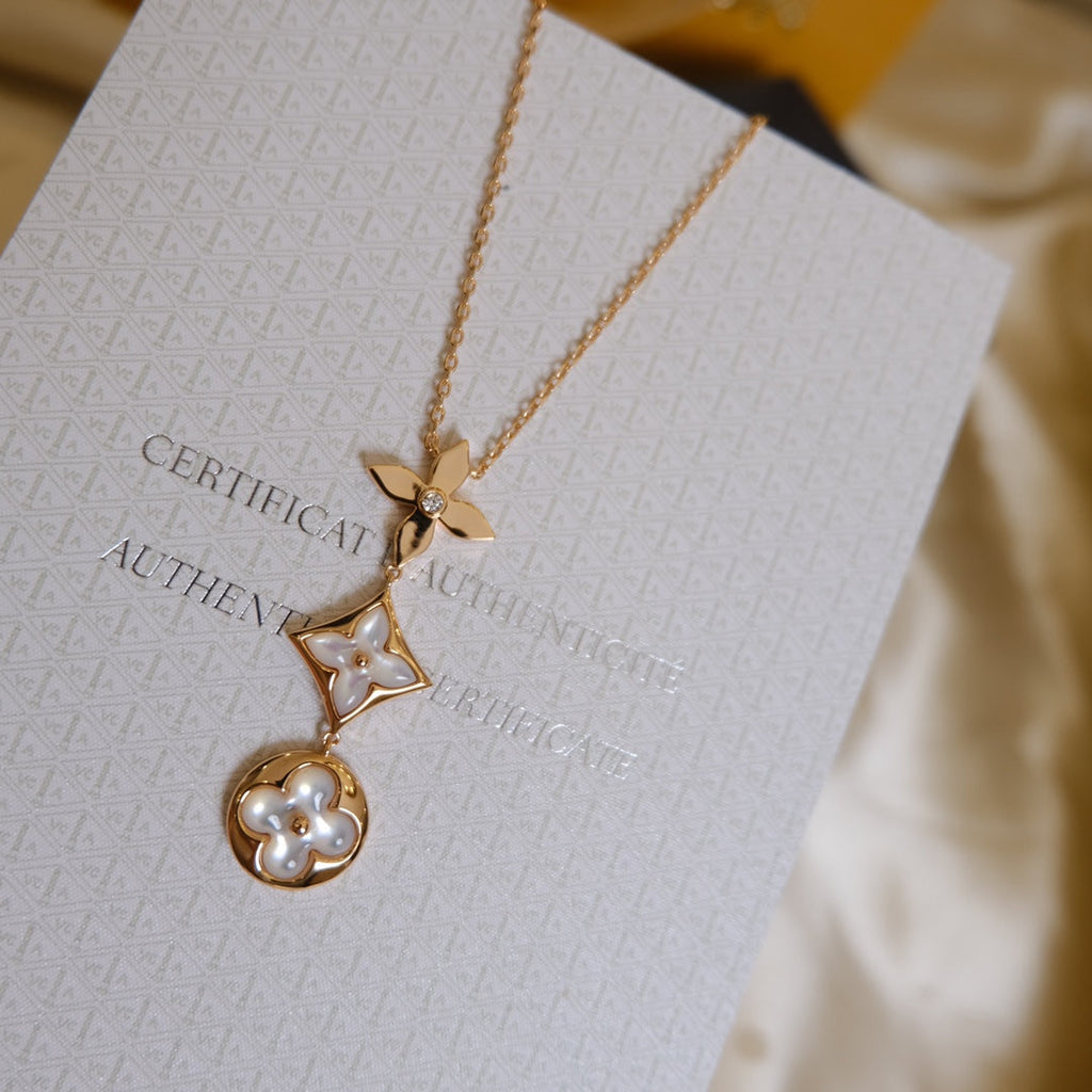 [⭐JeweliWhal]COLOR BLOSSOM LARIAT NECKLACE PINK GOLD WHITE MOTHER PEARL AND DIAMOND