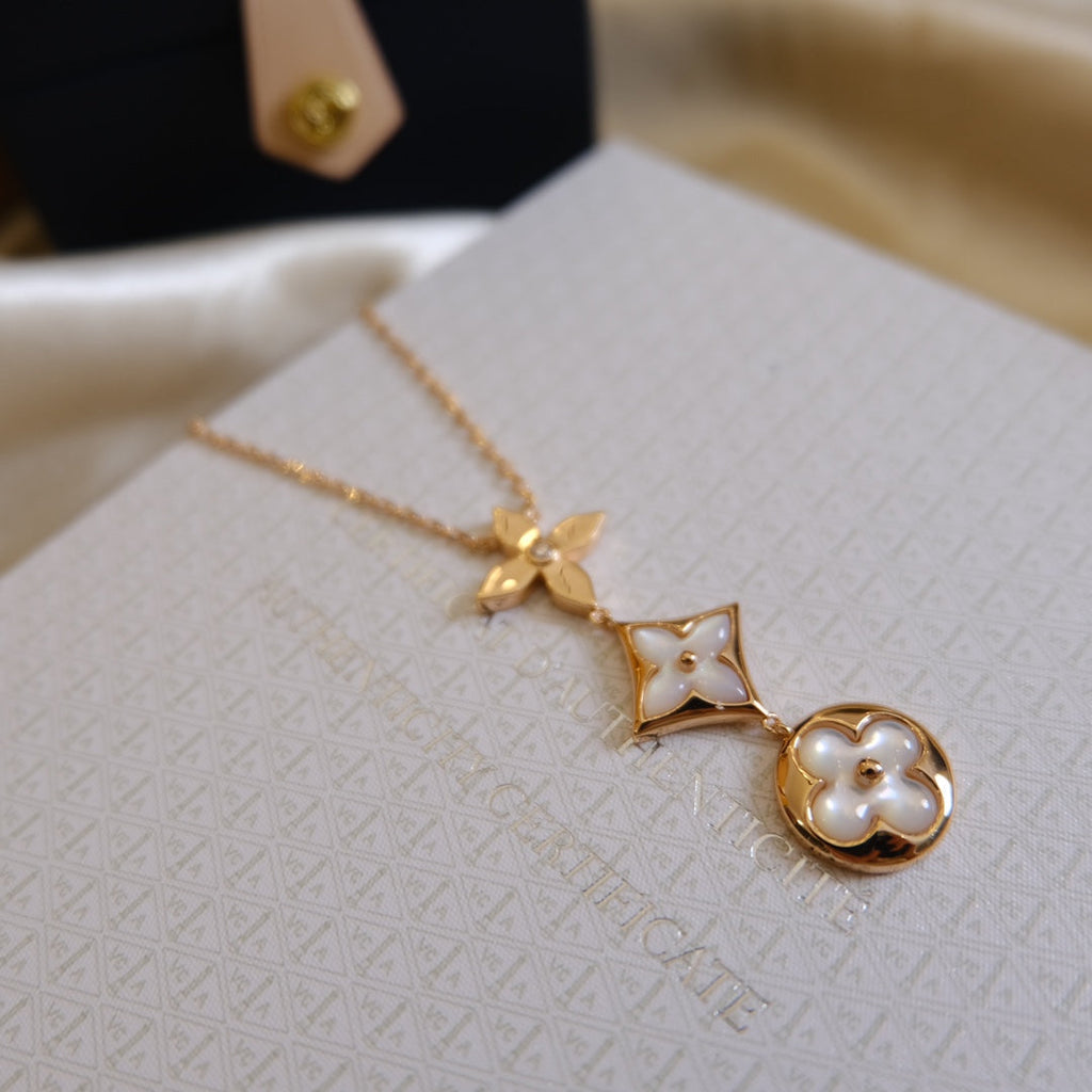 [⭐JeweliWhal]COLOR BLOSSOM LARIAT NECKLACE PINK GOLD WHITE MOTHER PEARL AND DIAMOND