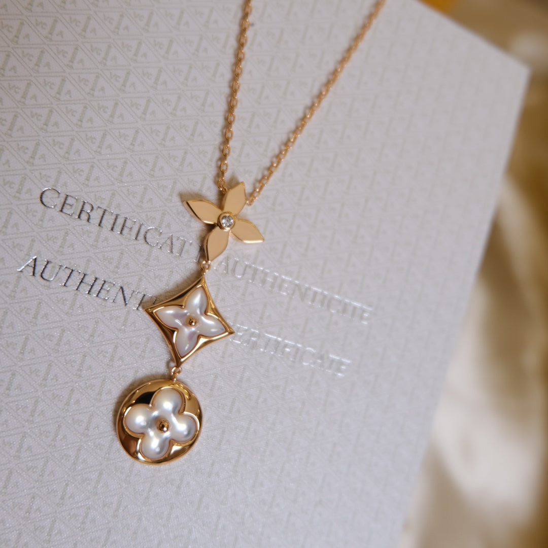 [⭐JeweliWhal]COLOR BLOSSOM LARIAT NECKLACE PINK GOLD WHITE MOTHER PEARL AND DIAMOND