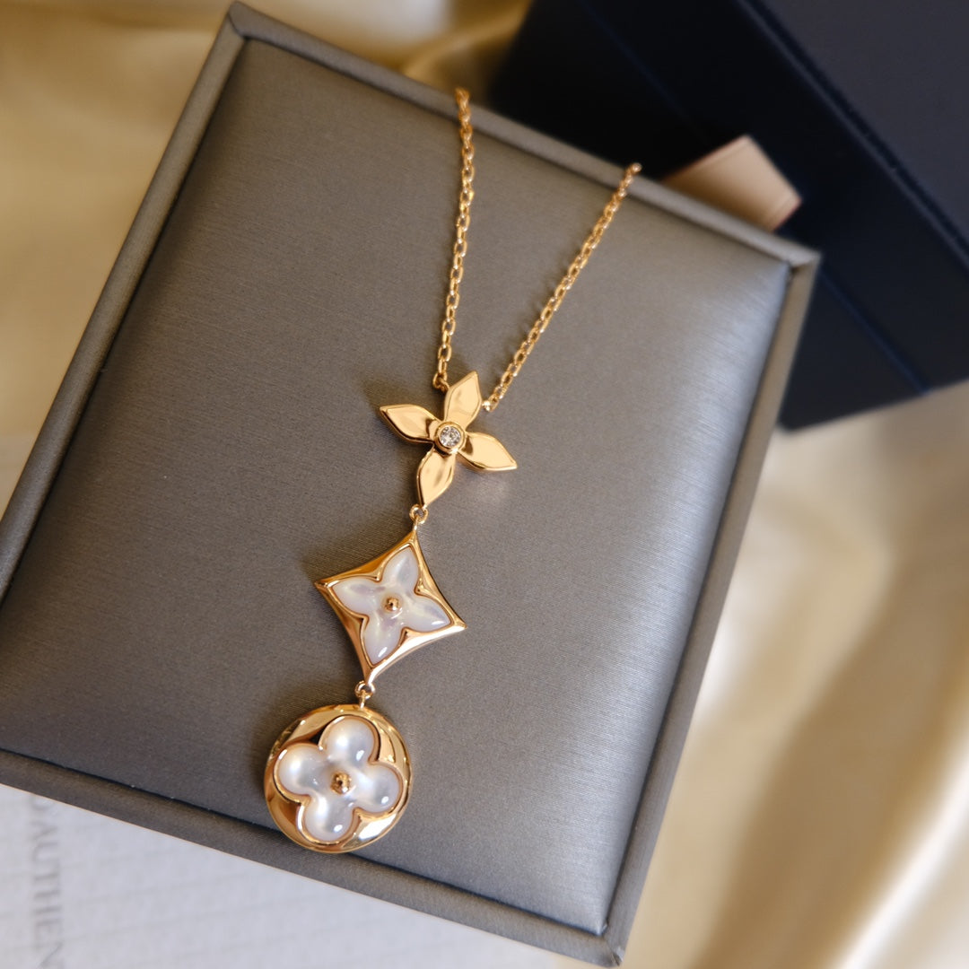 [⭐JeweliWhal]COLOR BLOSSOM LARIAT NECKLACE PINK GOLD WHITE MOTHER PEARL AND DIAMOND