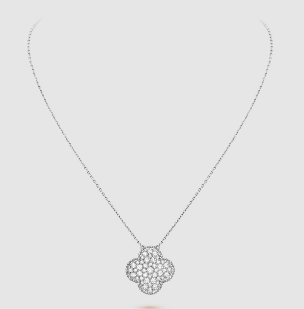[⭐JeweliWhal]CLOVER 25MM LARGE PENDANT DIAMOND PAVED SILVER NECKLACE