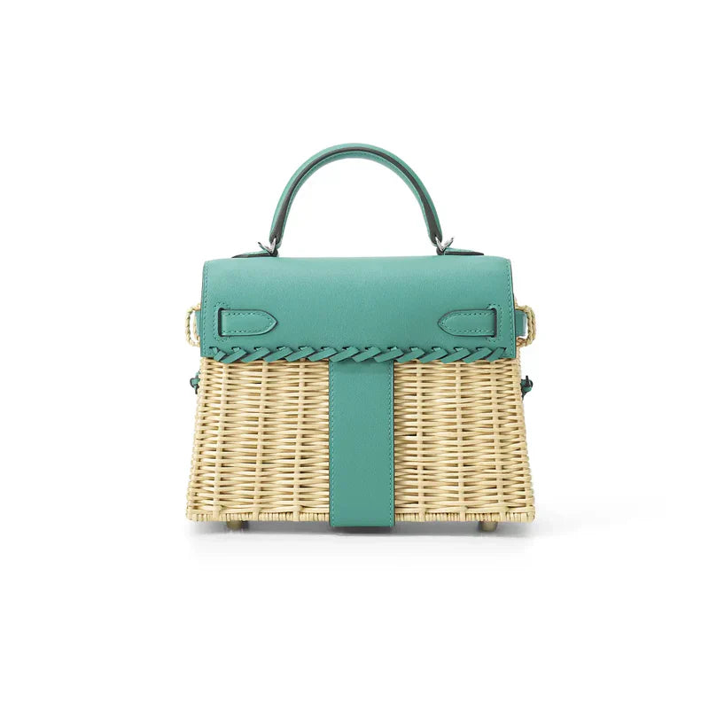KELLY 20CM JAUNE DE NAPLES SWIFT IN TURQUOISE LEATHER AND WICKER SILVER HARDWARE