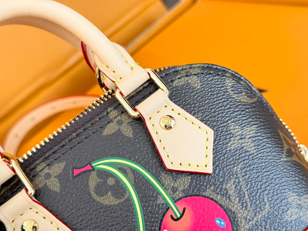 LV 25S ナノ アルマ 18インチ ダークブラウン キャンバス モノグラム チェリープリント ゴールド金具