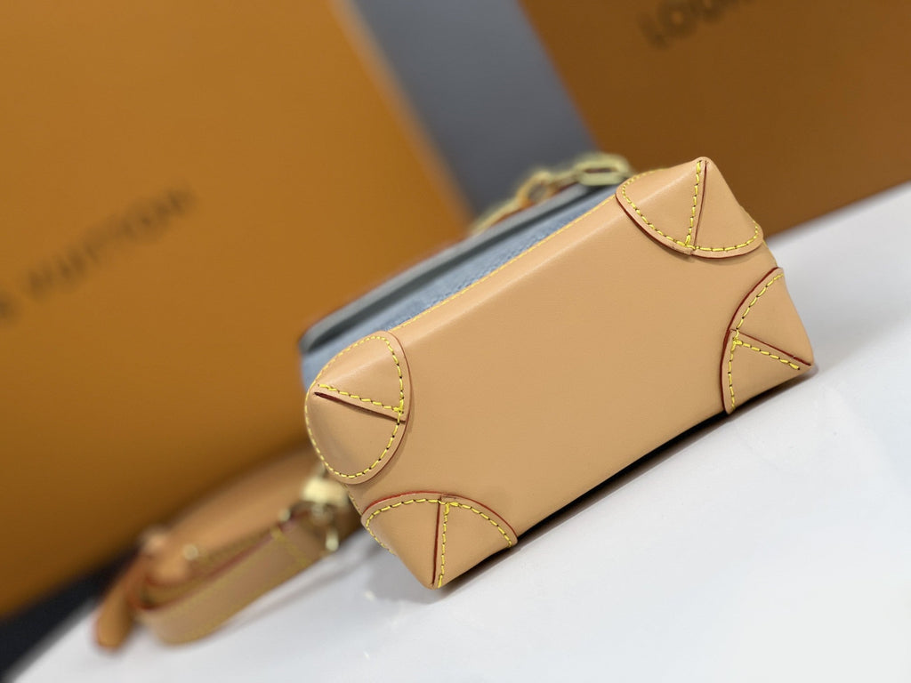 LV 25S ナノ スチーマー 18インチ ブルー コットンデニム カーフスキントリム ゴールドハードウェア