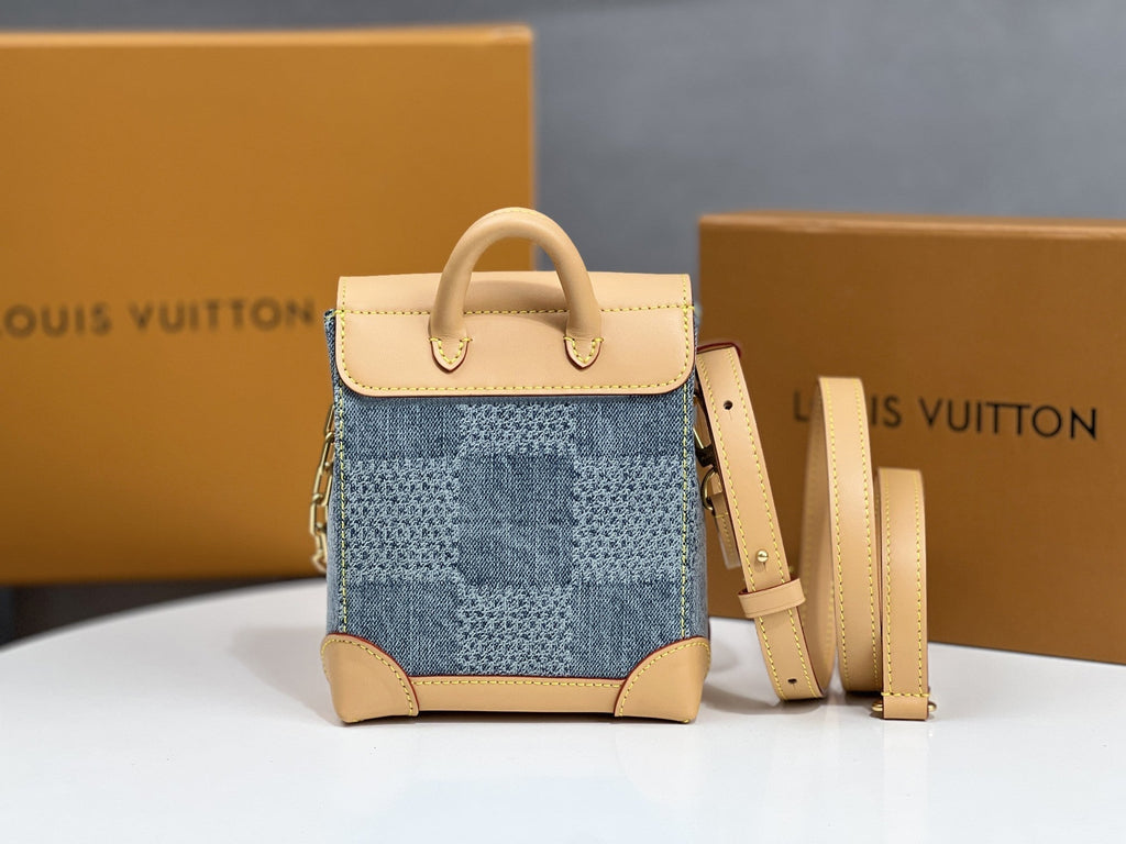 LV 25S ナノ スチーマー 18インチ ブルー コットンデニム カーフスキントリム ゴールドハードウェア