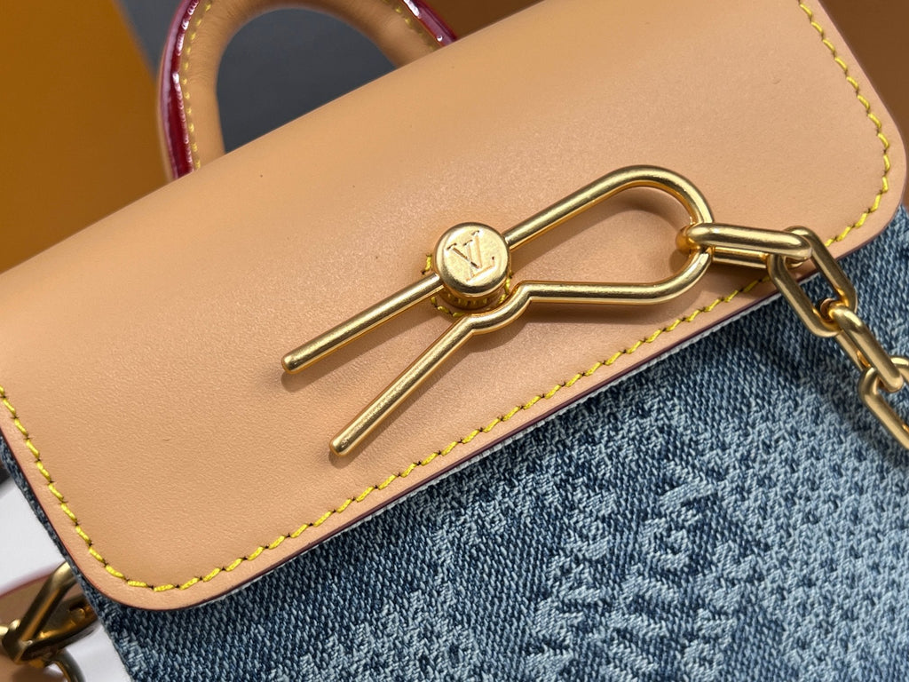 LV 25S ナノ スチーマー 18インチ ブルー コットンデニム カーフスキントリム ゴールドハードウェア