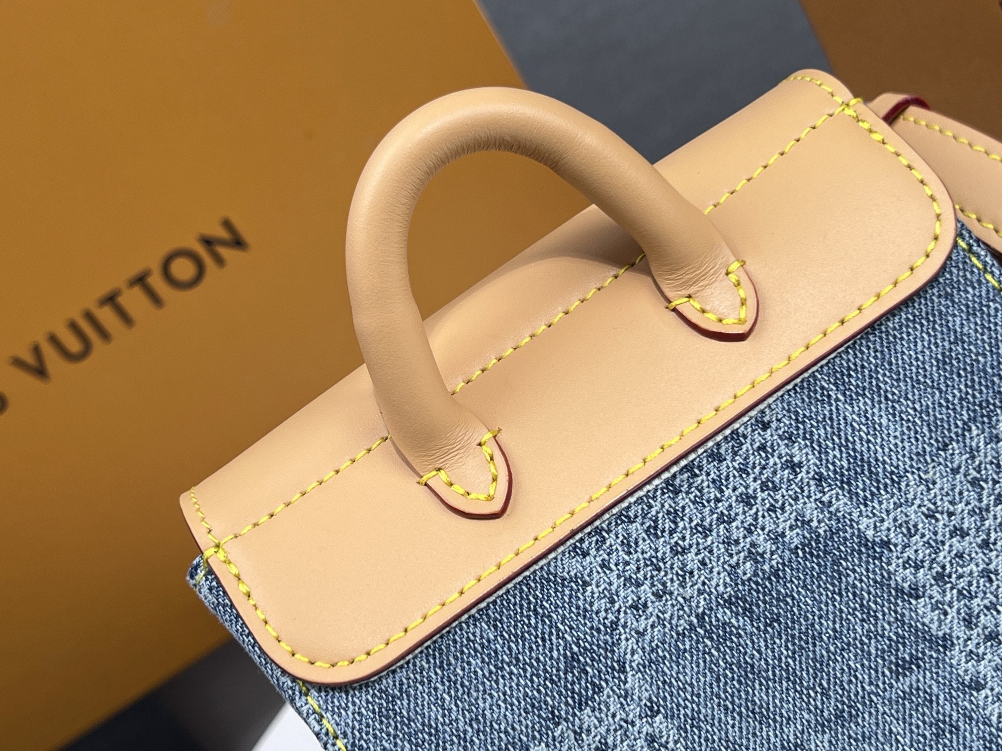 LV 25S ナノ スチーマー 18インチ ブルー コットンデニム カーフスキントリム ゴールドハードウェア