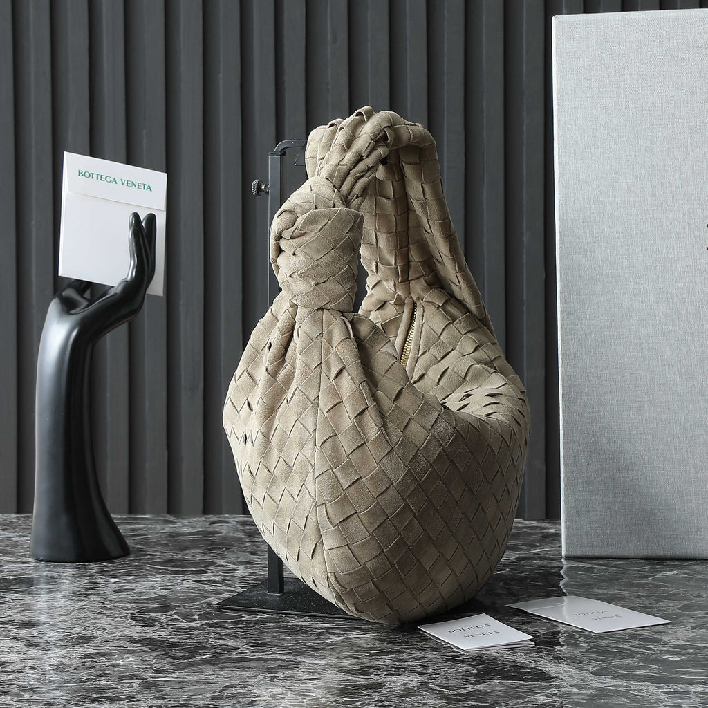 BOTTEGA VENETA 25S SMALL JODIE 36 IN MUTED TAUPE SUEDE GOLD HARDWARE