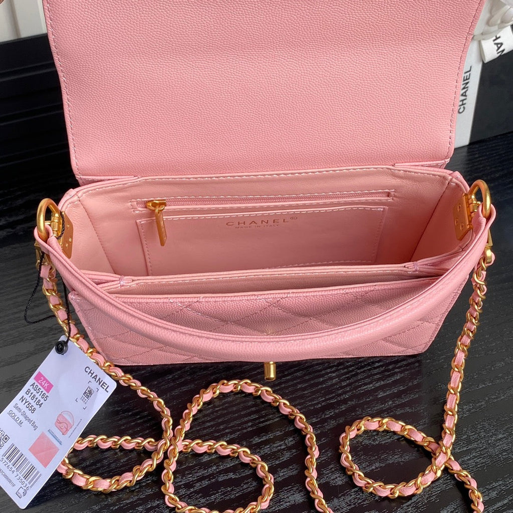 レトロスタイル フラップバッグ 19インチ ライトピンク グレインカーフスキン ゴールド金具