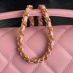RETRO STYLE FLAP BAG 22 IN LIGHT PINK GRAINED CALFSKIN GOLD HARDWARE