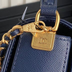 RETRO STYLE FLAP BAG 22 IN NAVY BLUE GRAINED CALFSKIN GOLD HARDWARE
