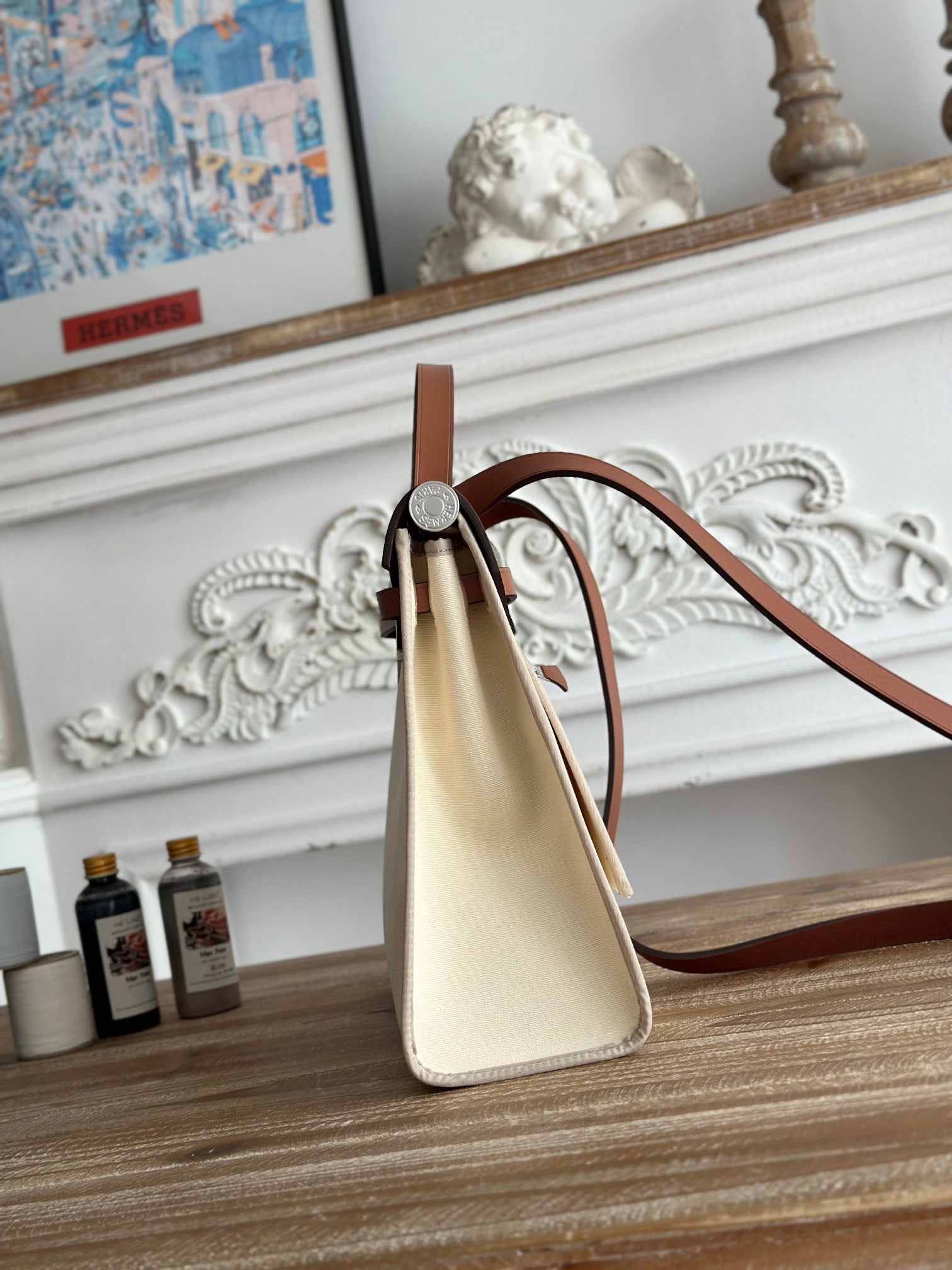 ジップ キャビン 31 バッグ（ホワイトクリームキャンバスとブロンズブラウンカーフスキン）