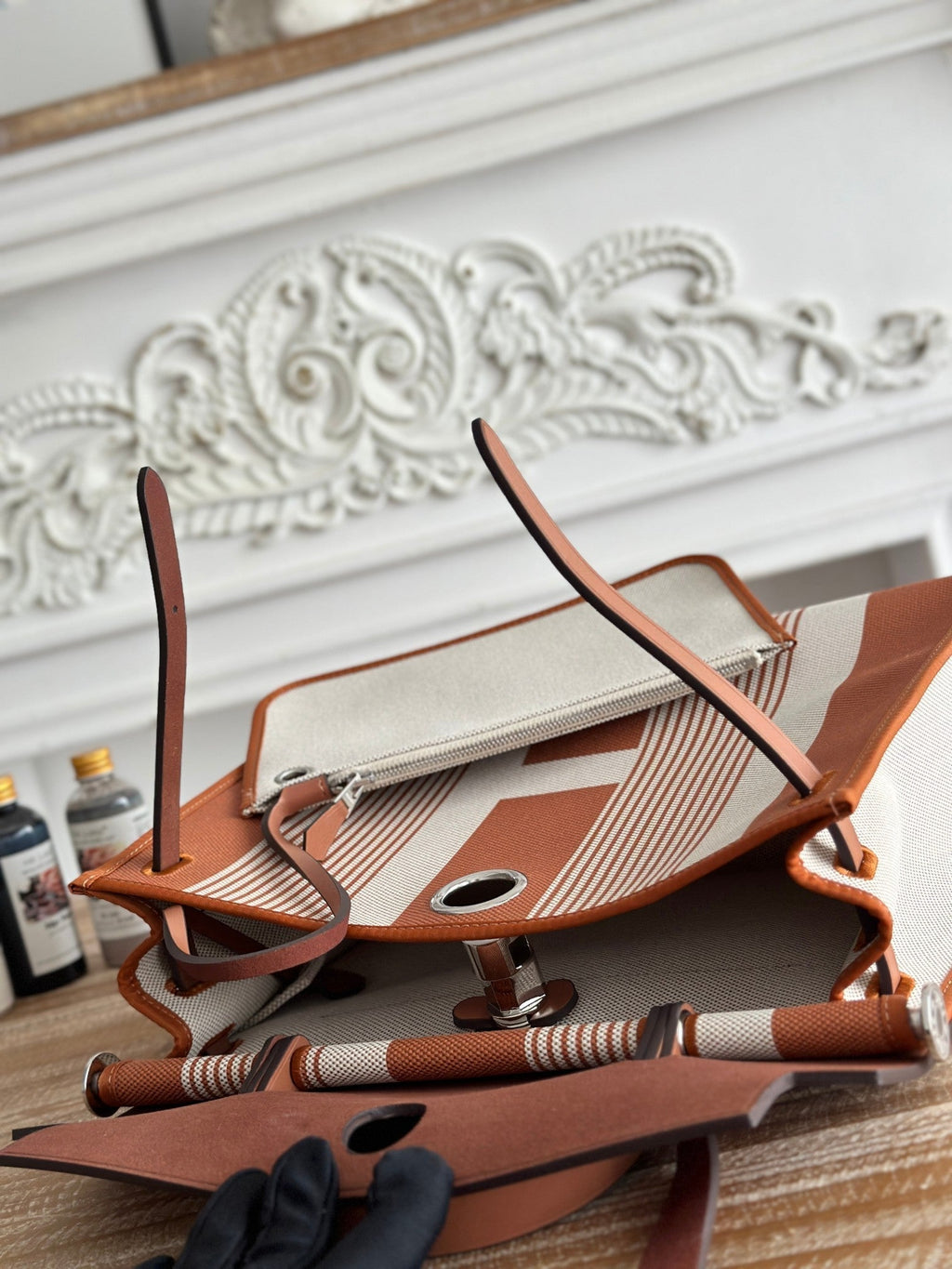 ジップ キャビン 31 バッグ ブロンズブラウン ミックスホワイト キャンバス＆カーフスキン