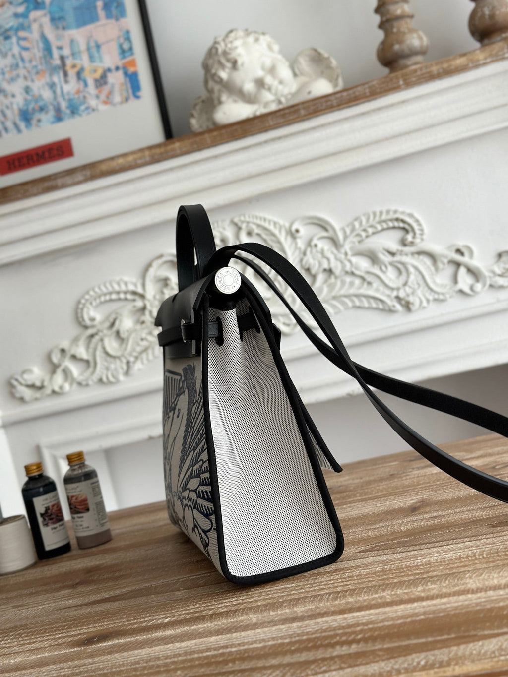 ジップ キャビン 31 バッグ（ホワイトキャンバス＆ブラックカーフスキン）