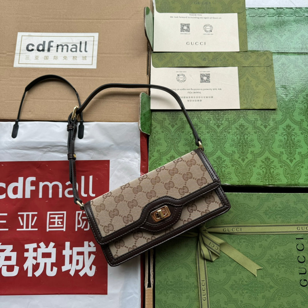 ルーチェ ミニショルダーバッグ 20 ベージュキャンバス＆ダークブラウンカーフスキントリム ゴールド金具