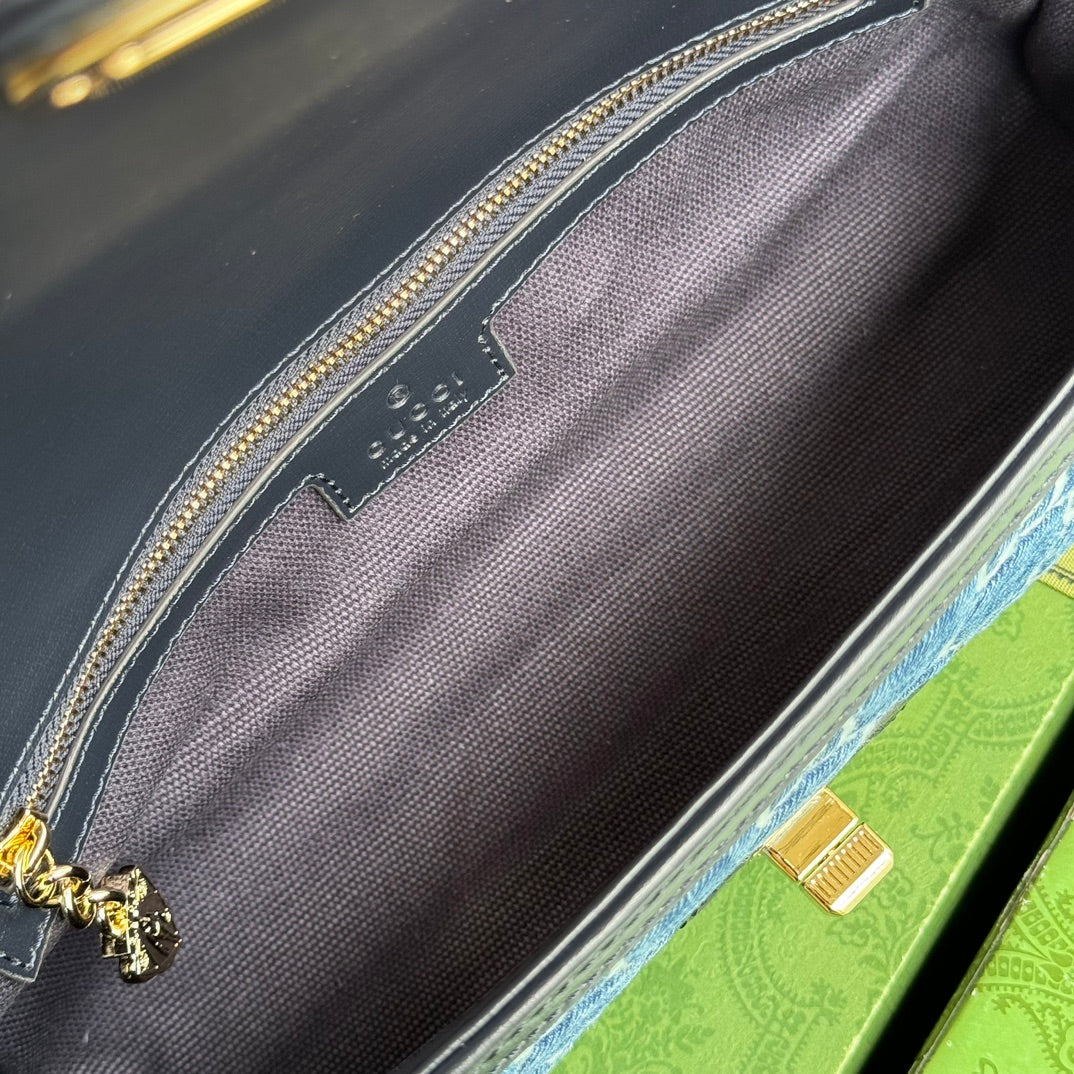 ルーチェ スモール ショルダーバッグ 27 ブルーエンボスデニム＆ブラックカーフスキントリム ゴールド金具