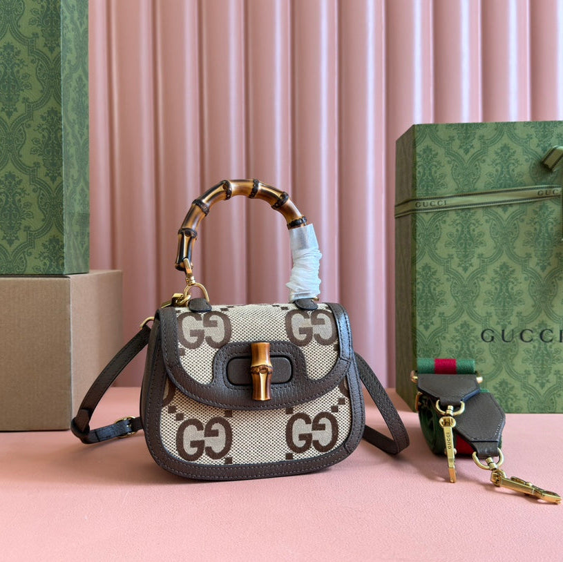 バンブー 1947 ミニバッグ 17 ブラウンカーフスキン＆ベージュキャンバス