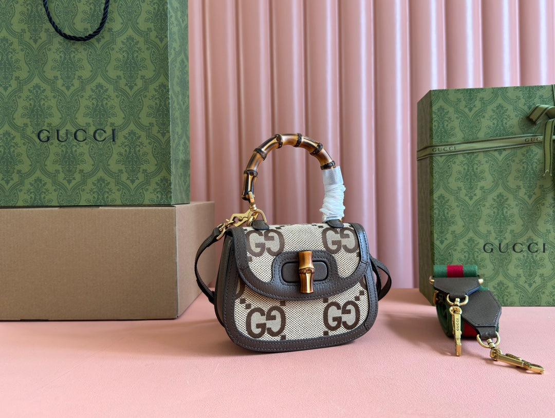 バンブー 1947 ミニバッグ 17 ブラウンカーフスキン＆ベージュキャンバス