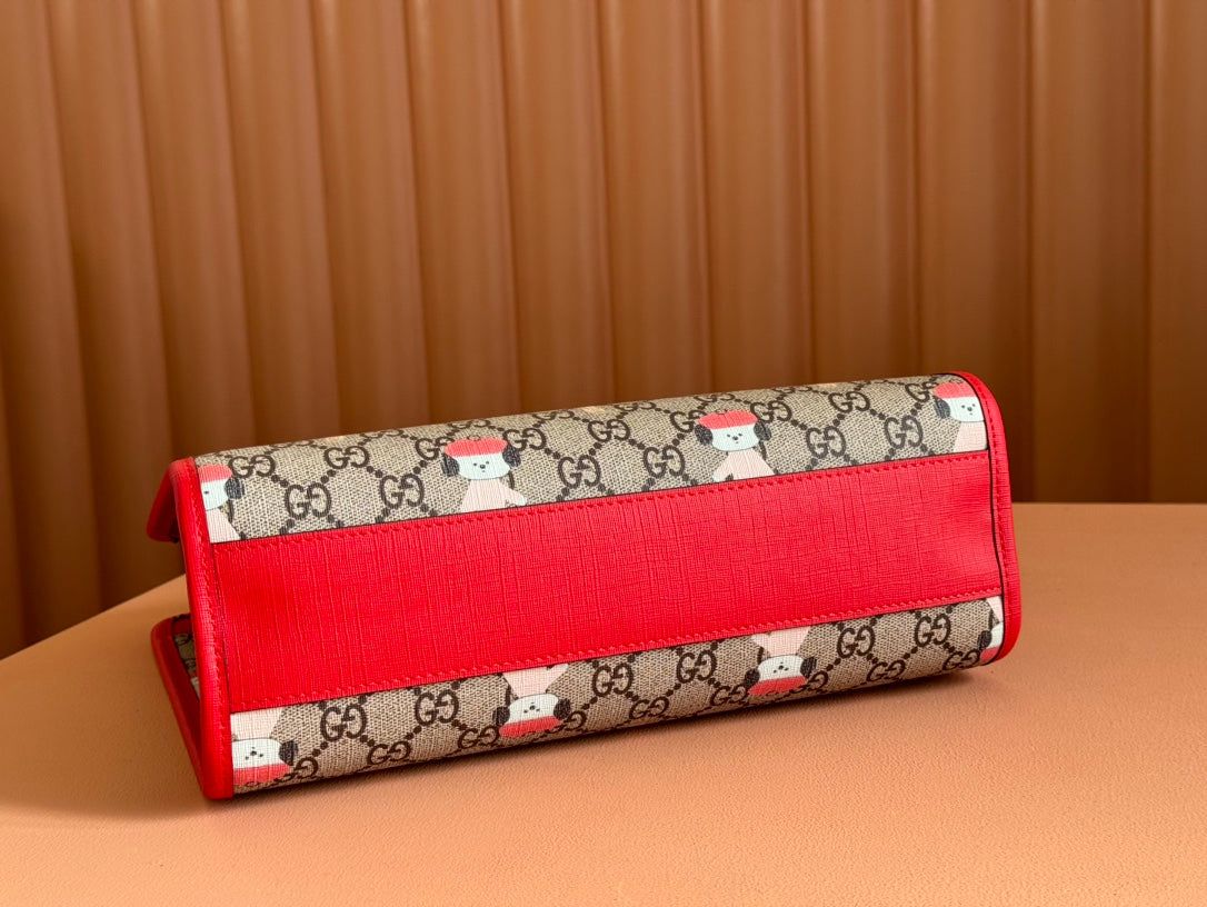 CHILDREN'S PRINTED DOG TOTE BAG 28.5 IN BEIGE AND DARK BROWN GG CANVAS RED TRIM