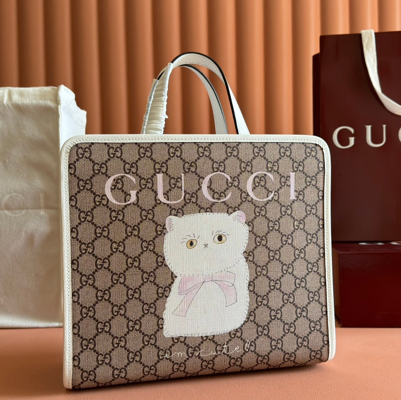 CHILDREN'S PRINTED BIG CAT TOTE BAG 28.5 IN BEIGE AND DARK BROWN GG CANVAS WHITE TRIM