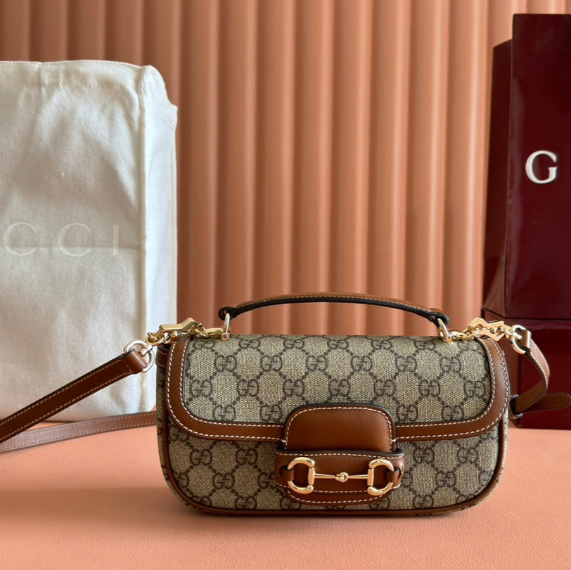 スモール ホースビット 1955 ショルダーバッグ 22.6インチ ベージュ/エボニー GG ブラウン カーフスキントリム