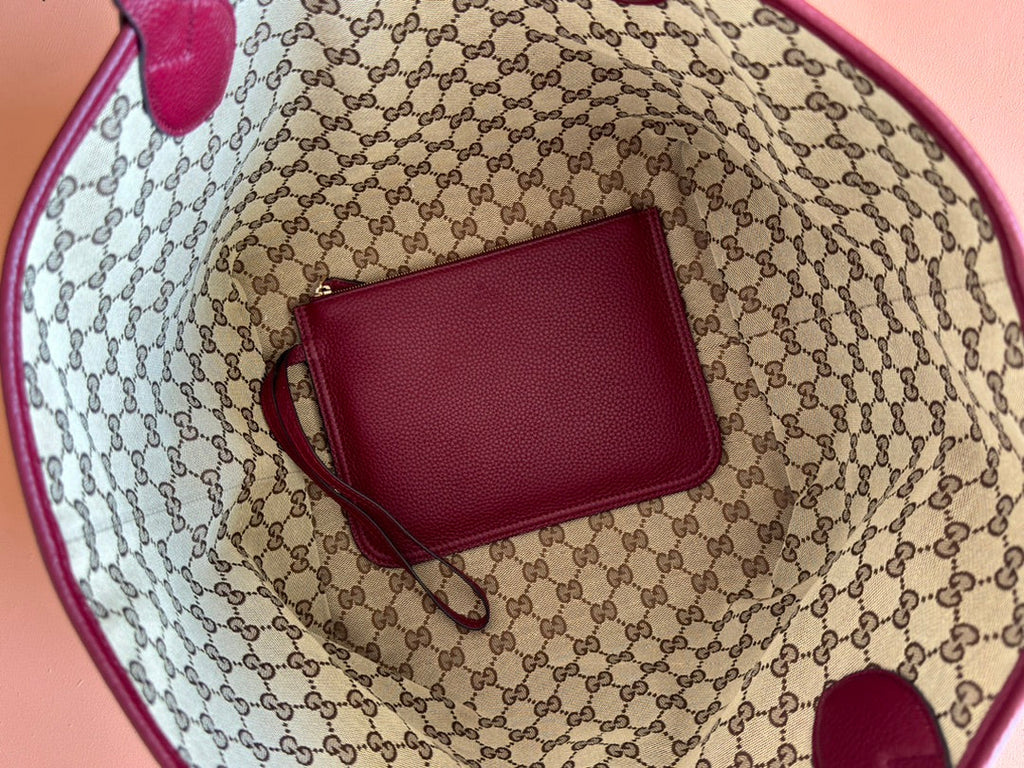 MEDIUM TOTISSIMA REVERSIBLE TOTE BAG 30 IN ROSSO ANCORA RED CALFSKIN BEIGE AND BROWN GG CANVAS ON SIDE