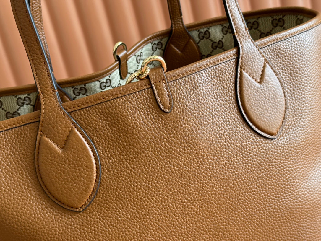 MEDIUM TOTISSIMA REVERSIBLE TOTE BAG 30 IN BROWN CALFSKIN BEIGE AND BROWN GG CANVAS ON SIDE