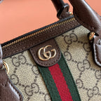 GUCCI 25S OPHIDIA MINI BOSTON BAG 16 IN BEIGE CANVAS AND BROWN CALFSKIN