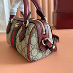 GUCCI 25S OPHIDIA MINI BOSTON BAG 16 IN BEIGE CANVAS AND ROSSO ANCORA CALFSKIN