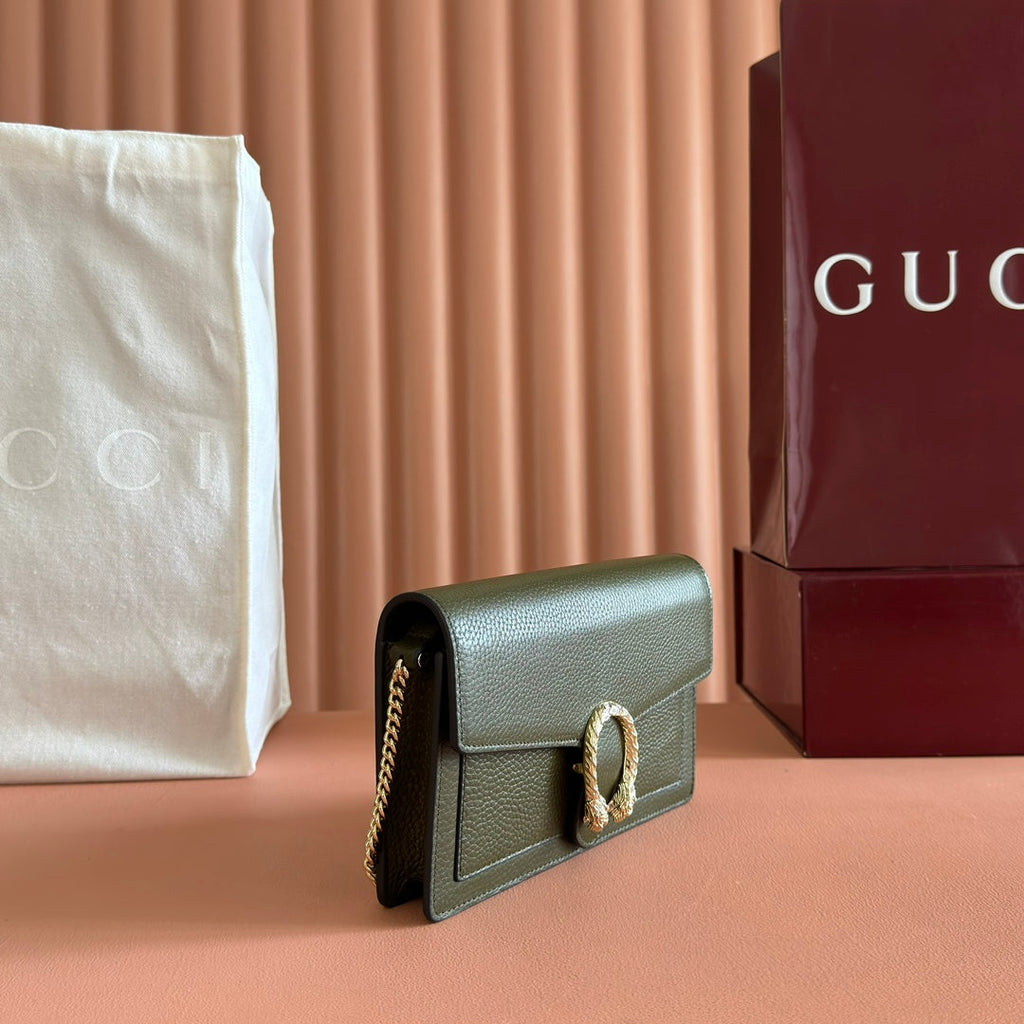 グッチ 25S ディオニュソス ウォレット オン チェーン 20 ダークオリーブグリーン カーフスキン