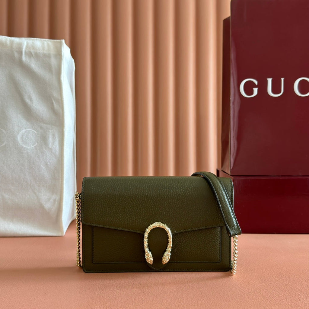 グッチ 25S ディオニュソス ウォレット オン チェーン 20 ダークオリーブグリーン カーフスキン