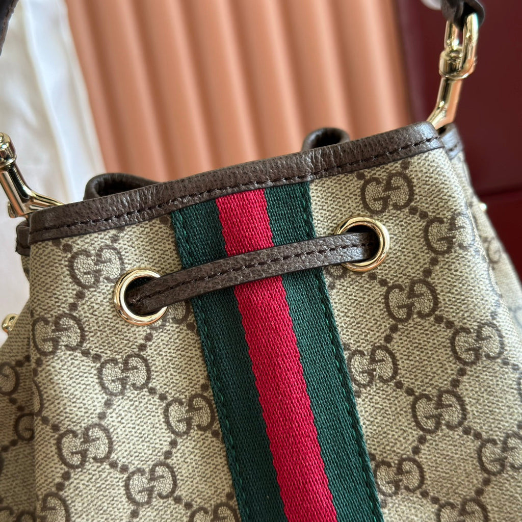 GUCCI 25S OPHIDIA SMALL BUCKET BAG 22 IN BEIGE CANVAS AND BROWN CALFSKIN