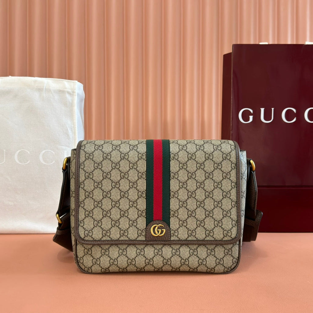 グッチ 25S オフィディア ミディアム クロスボディバッグ 28 ベージュ キャンバス＆ブラウン カーフスキン