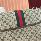 GUCCI 25S OPHIDIA LARGE CROSSBODY BAG 33 IN BEIGE CANVAS AND BROWN CALFSKIN