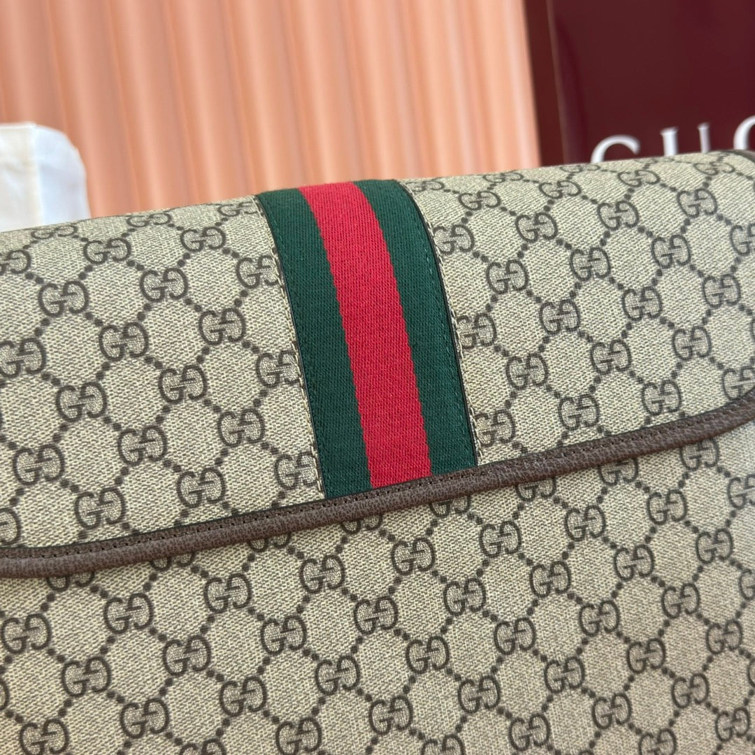 GUCCI 25S OPHIDIA LARGE CROSSBODY BAG 33 IN BEIGE CANVAS AND BROWN CALFSKIN