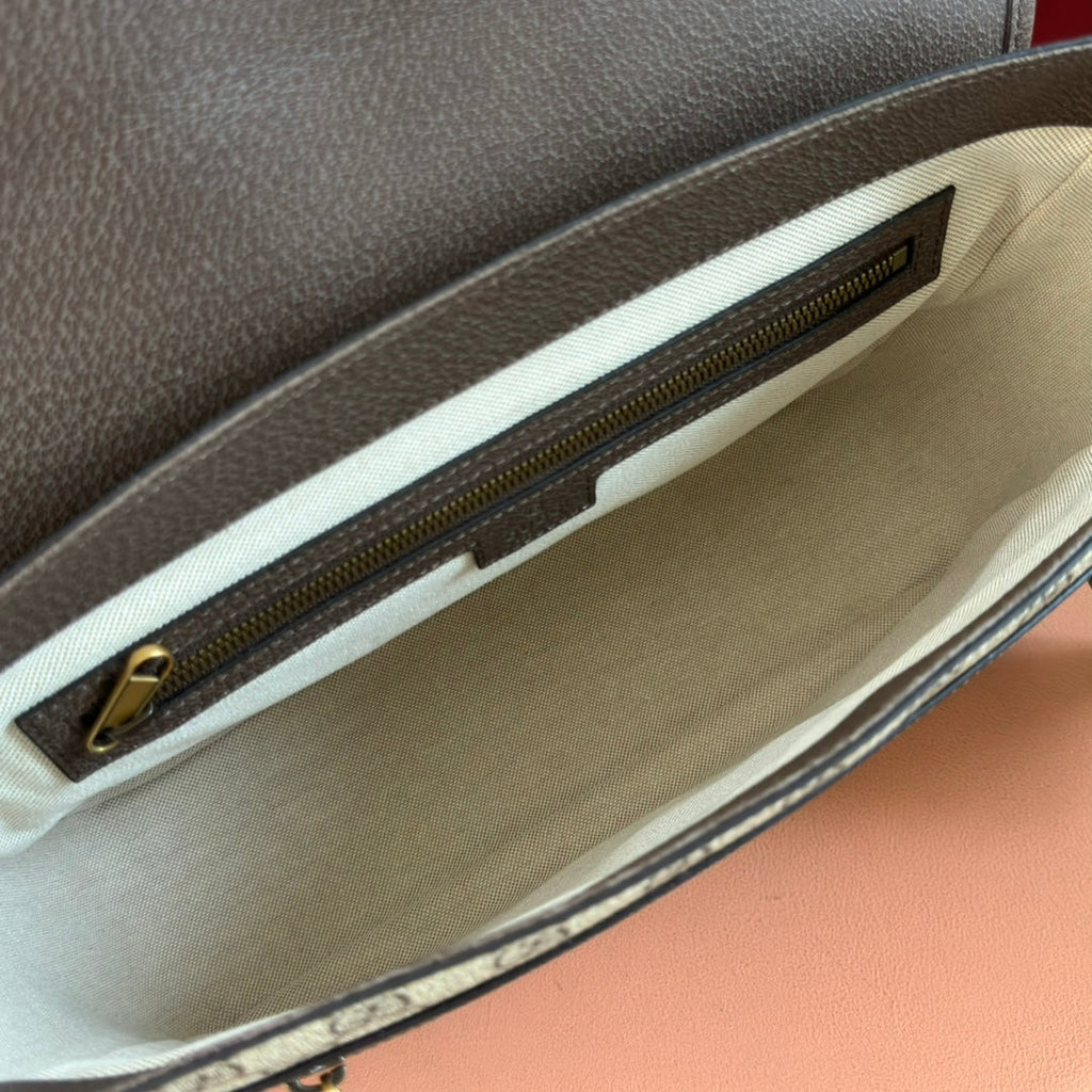 GUCCI 25S OPHIDIA LARGE CROSSBODY BAG 33 IN BEIGE CANVAS AND BROWN CALFSKIN