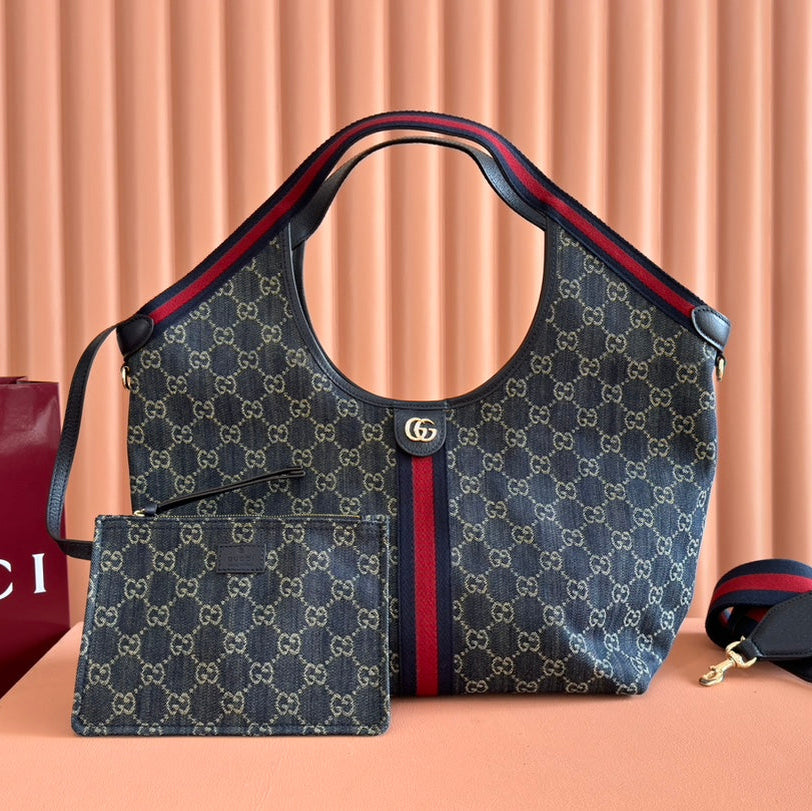 グッチ 25S ジリオ ラージトートバッグ 50 ブルー＆ホワイトデニム