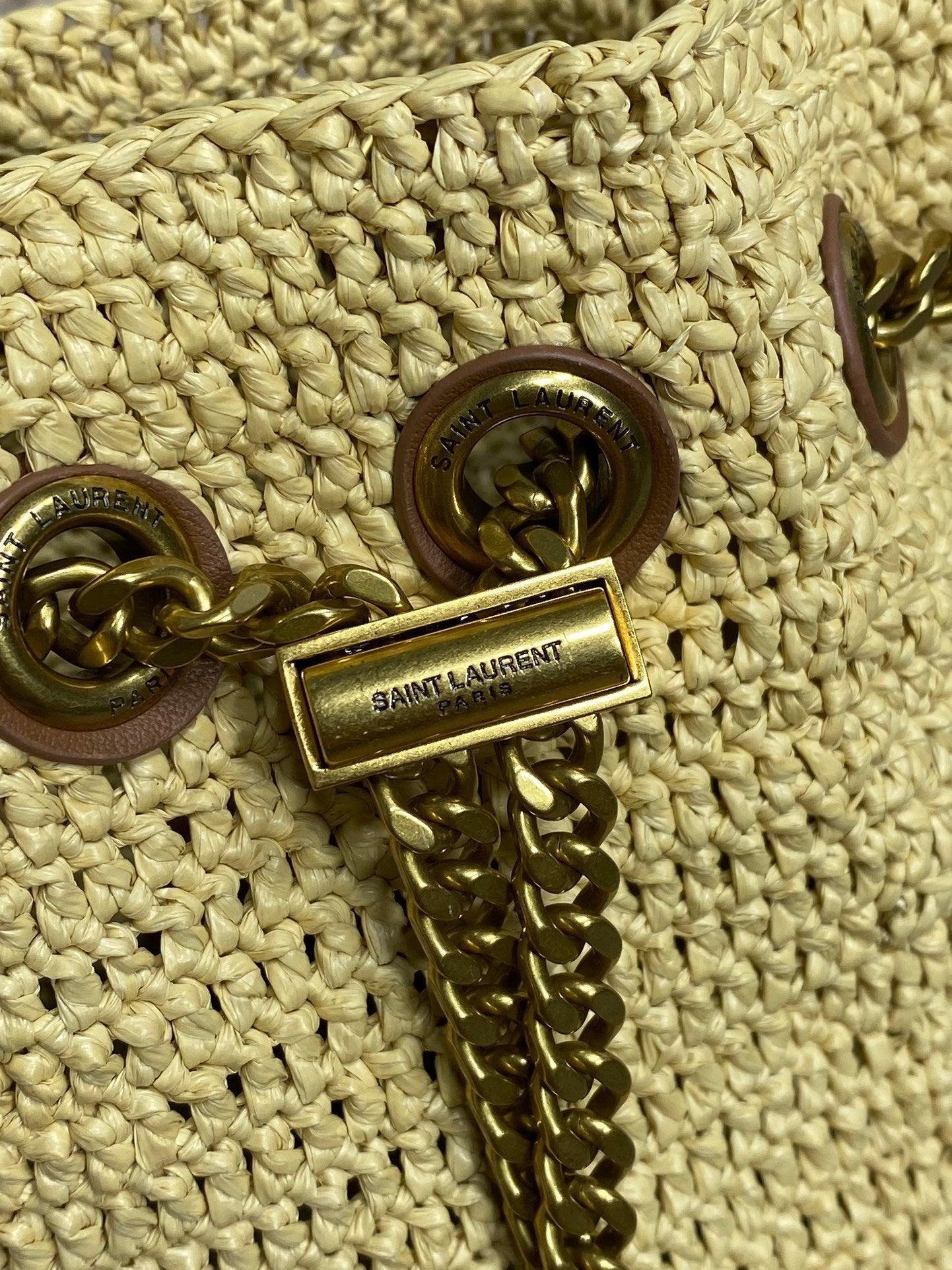 ドローストリングバケットバッグ 19 ベージュ ラフィア＆カーフスキン