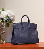 KELLY SELLIER 25 BAG IN SPACE BLUE OSTRICH LEATHER WITH SILVER HARDWARE (MADE-TO-ODER)