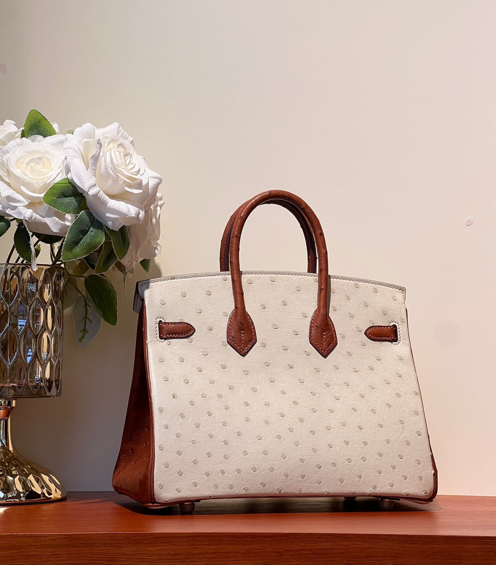 KELLY  SELLIER 25 BAG IN WHITE MIX RED BROWN OSTRICH LEATHER (MADE-TO-ODER)