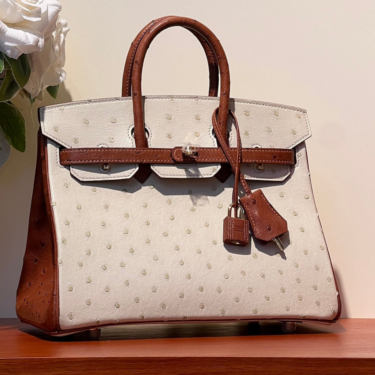 KELLY  SELLIER 25 BAG IN WHITE MIX RED BROWN OSTRICH LEATHER (MADE-TO-ODER)