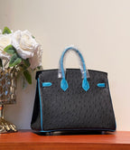 KELLY  SELLIER 25 BAG IN BLACK MIX OCEAN BLUE OSTRICH LEATHER (MADE-TO-ODER)