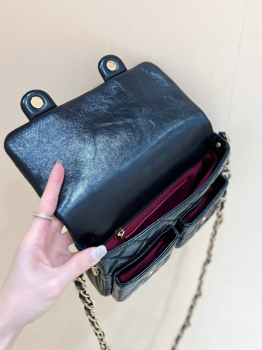 ダブルポケット フラップバッグ トップハンドル 24インチ ブラック ラムスキン ゴールド金具