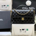 QUILTED FLAP BAG WITH HANDLE 26 IN BLACK LAMBSKIN GOLD PLATED METAL