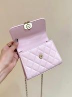 QUILTED FLAP BAG WITH HANDLE 18 IN BABY PINK LAMBSKIN GOLD HARDWARE