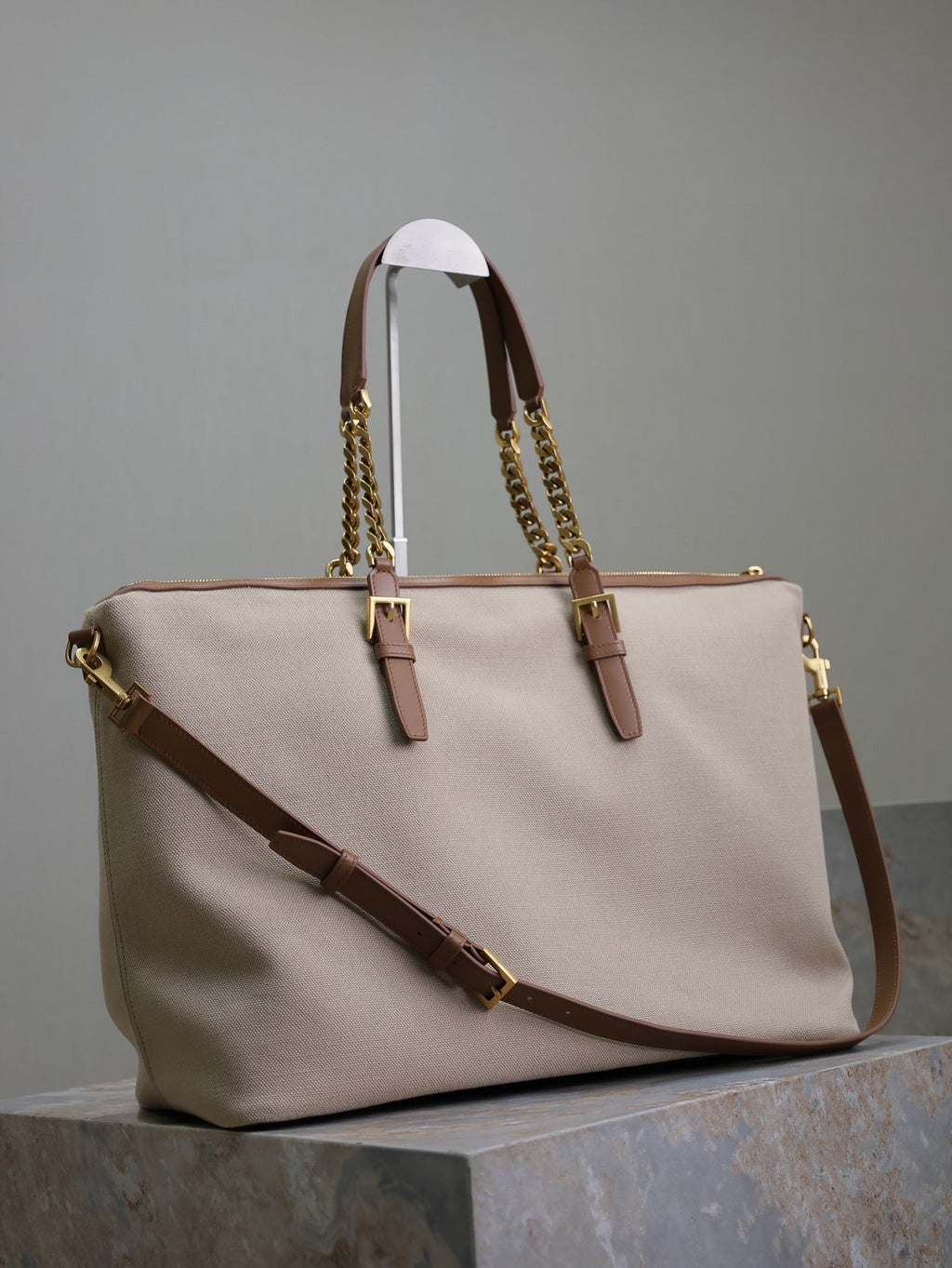 トラベルバッグ 48 ホワイトキャンバスとブラウンレザートリム ゴールド金具