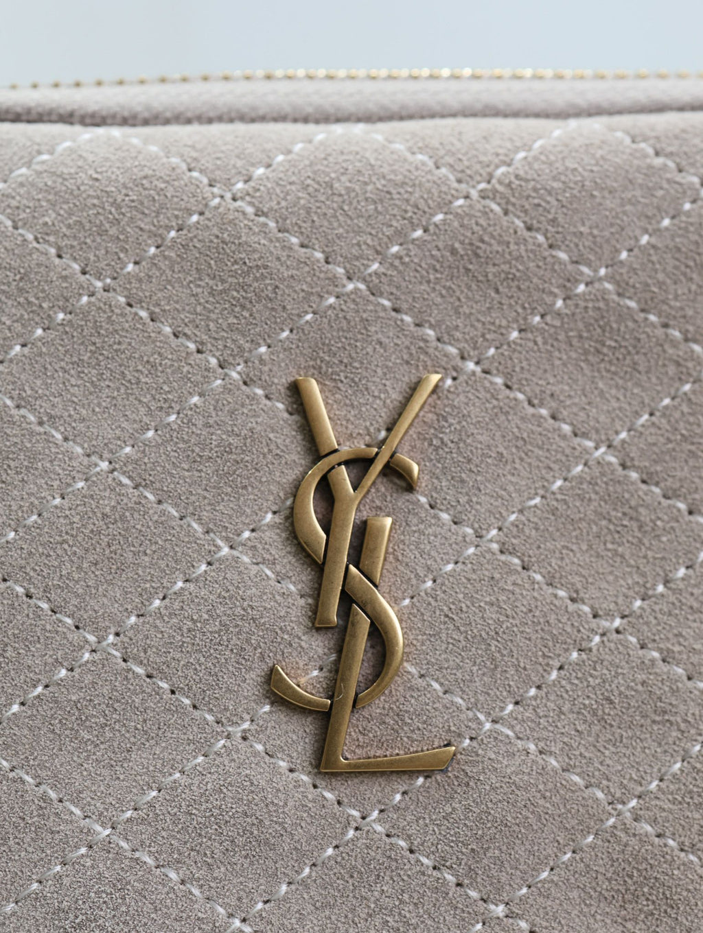 GABY ZIPPED POUCH 19 IN GRAY MATTE SUEDE GOLD HARDWARE