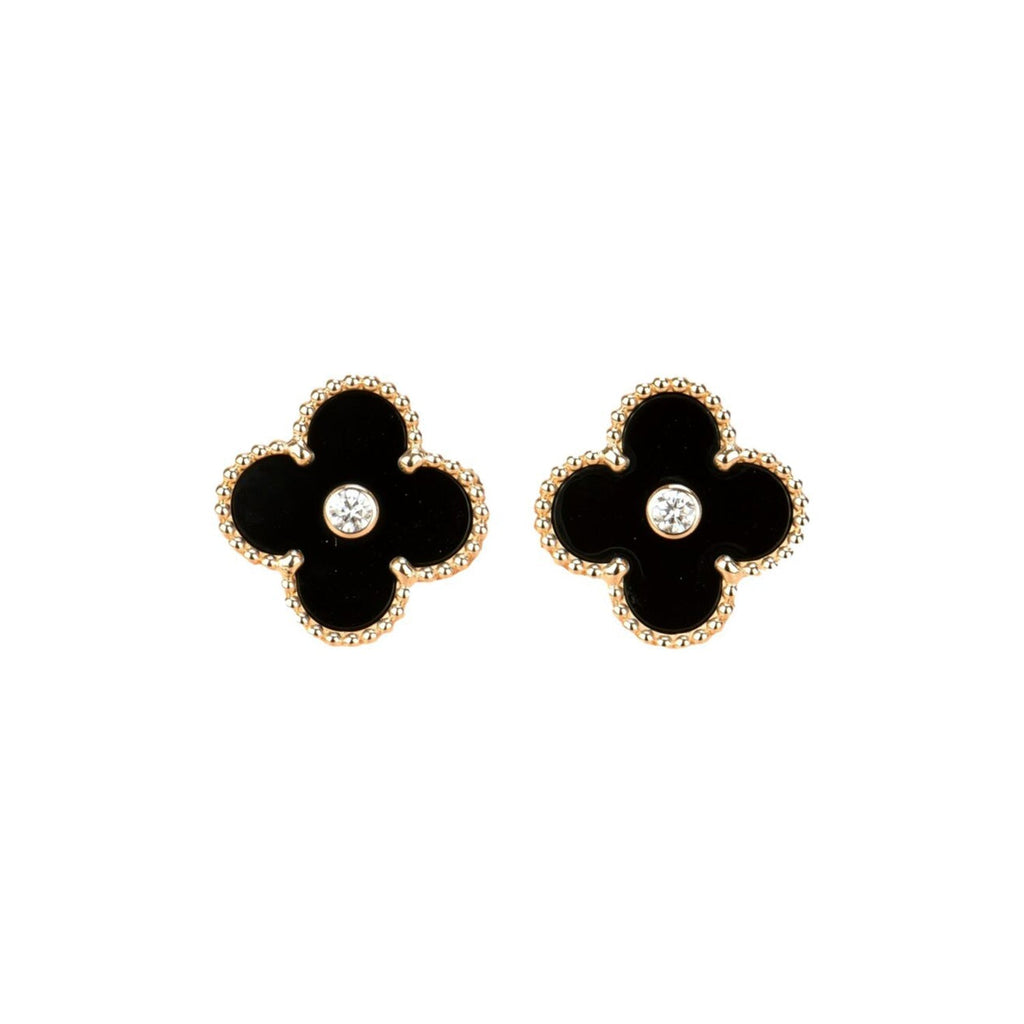 [⭐JeweliWhal]CLOVER MEDIUM 1 MOTIFS ONYX DIAMOND EARRINGS